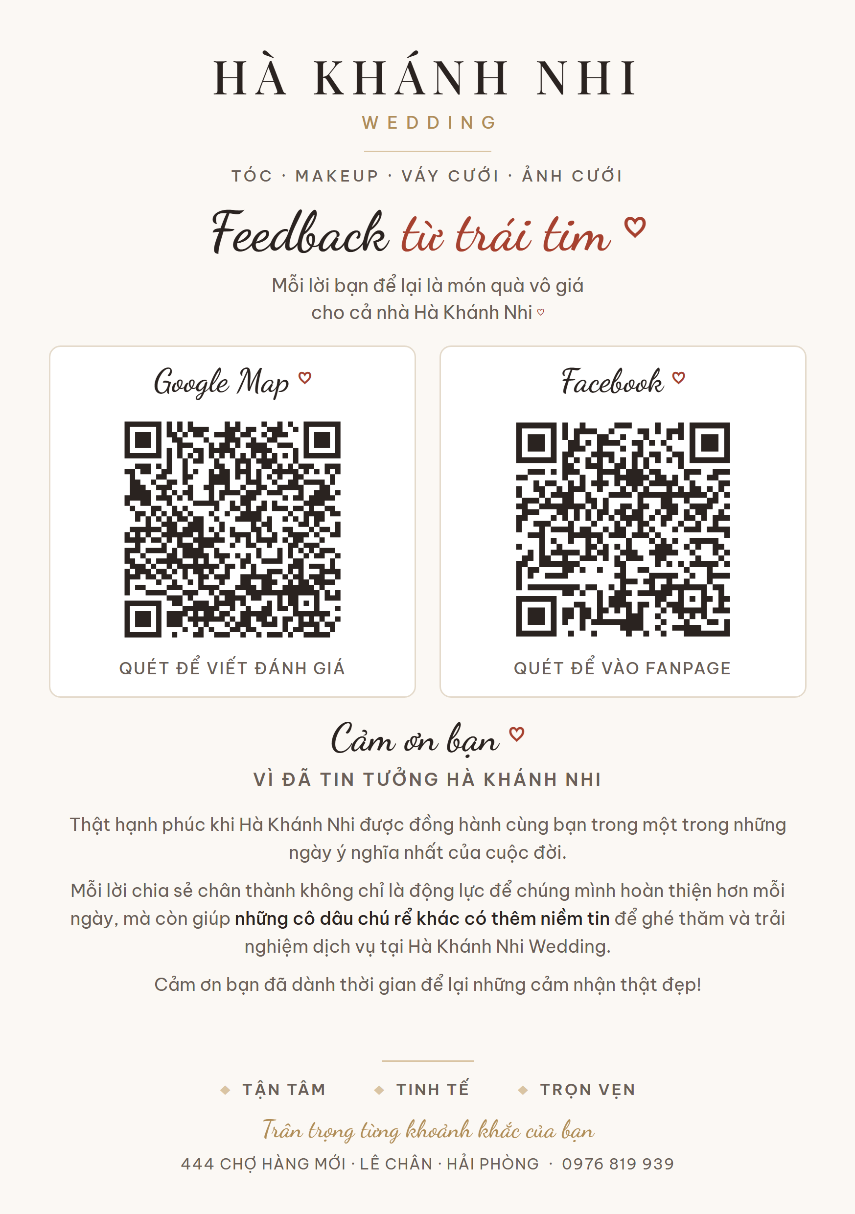 Thẻ feedback Hà Khánh Nhi Wedding khổ A5, hai ô mã QR Google Map và Facebook